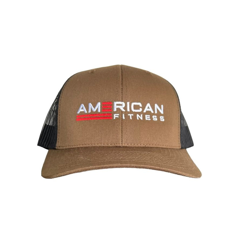 American Fitness AF Curved Trucker Snapback Hat Khaki — YUPOONG embroidered logo casual athletic hat