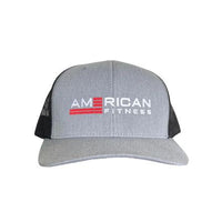American Fitness AF Curved Trucker Snapback Hat Heather Gray — YUPOONG embroidered logo one size fits all