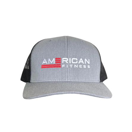 American Fitness AF Curved Trucker Snapback Hat Heather Gray — YUPOONG embroidered logo one size fits all
