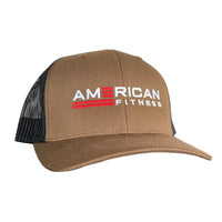 American Fitness AF Curved Trucker Snapback Hat Khaki — YUPOONG embroidered logo casual athletic hat — detail view