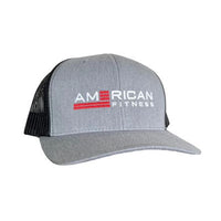 American Fitness AF Curved Trucker Snapback Hat Heather Gray — YUPOONG embroidered logo one size fits all — detail view
